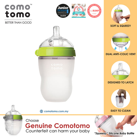 Comotomo Natural Feel Anti-Bacterial Heat Resistance Silicon Baby Bottle 250ml (Green)